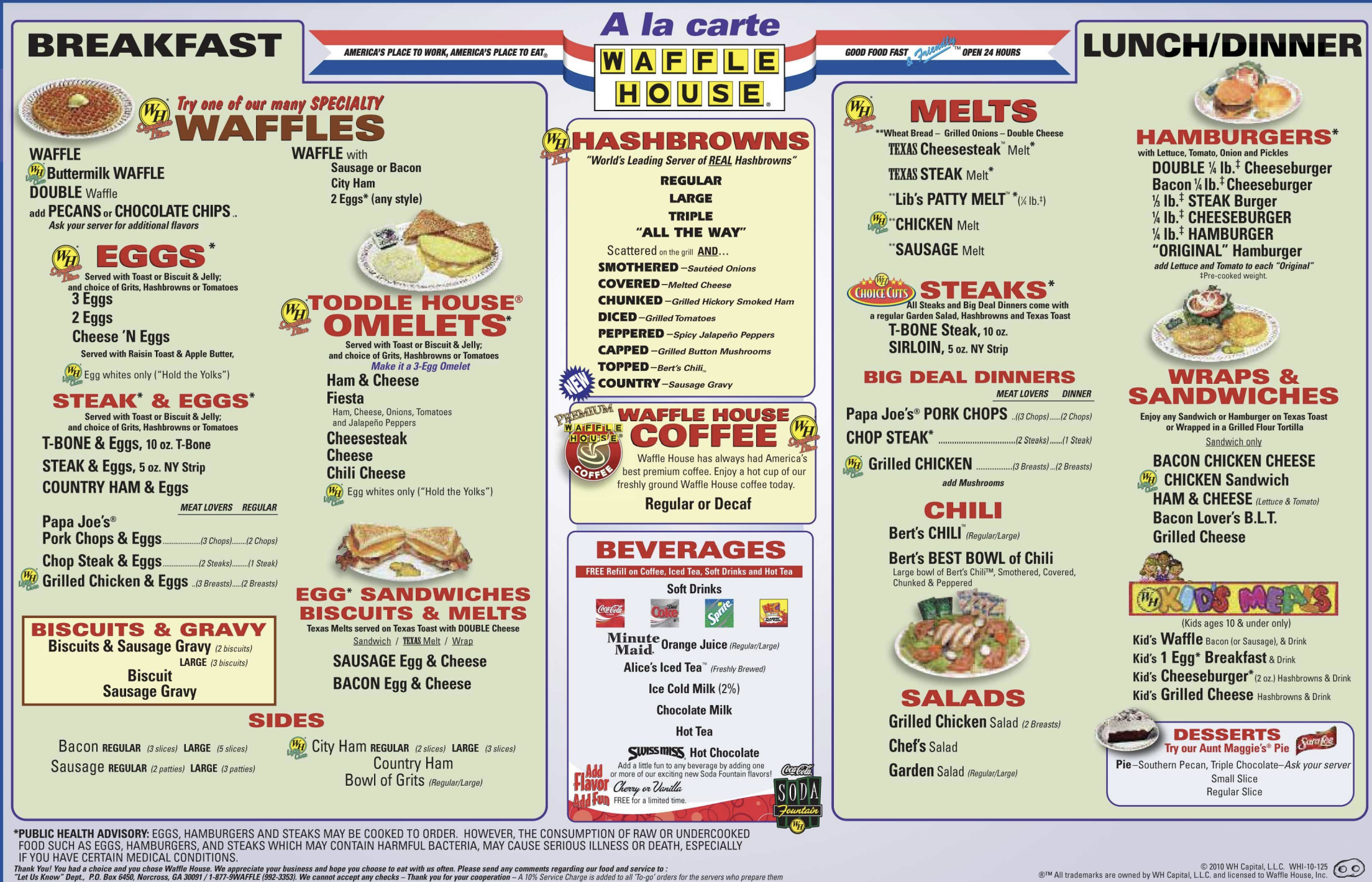 breakfast and lunch, dinner menu at waffle house